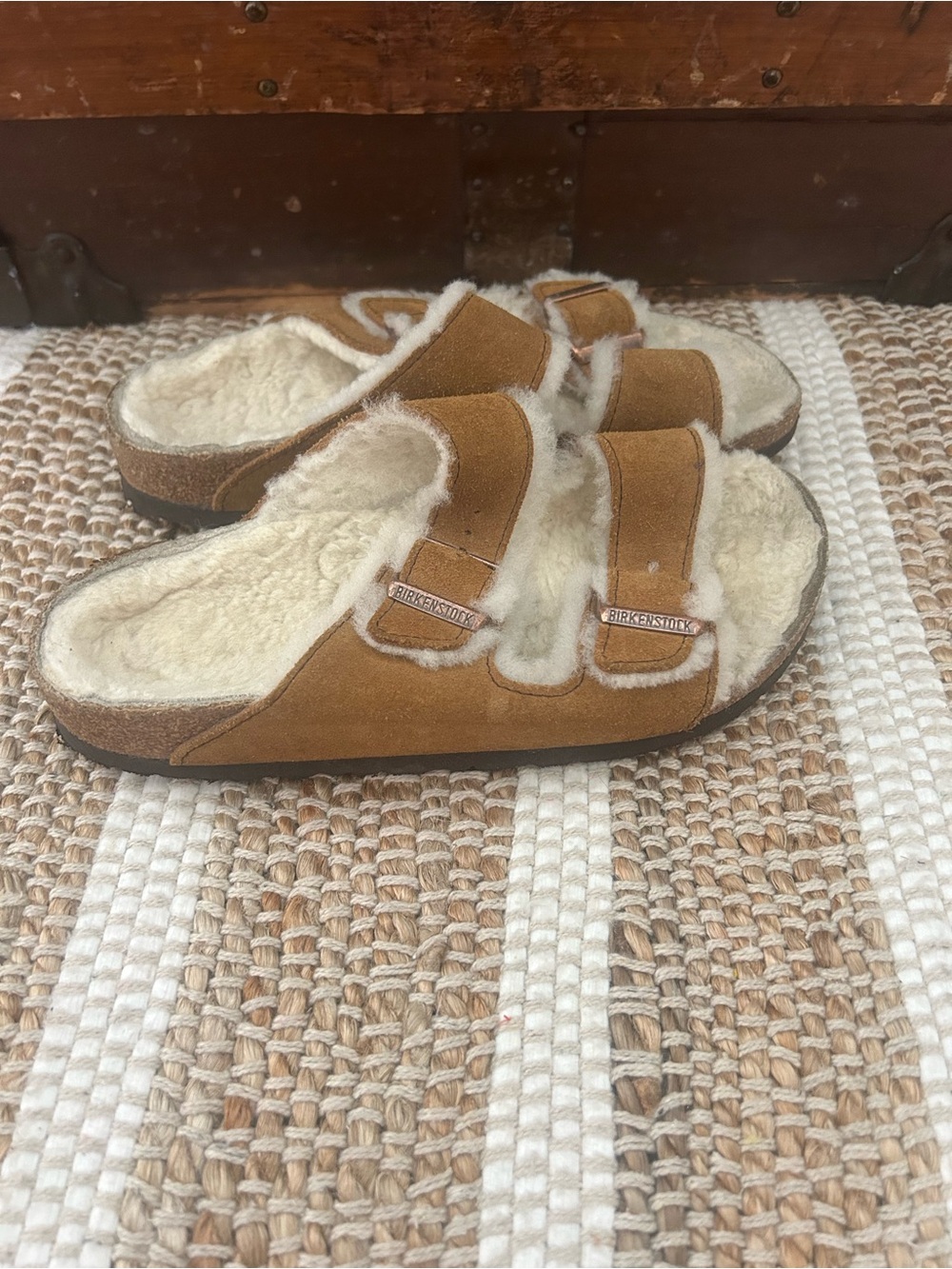 Birkenstock Shearling-Lined Suede Two-Strap Sandals - Chestnut Brown & Cream